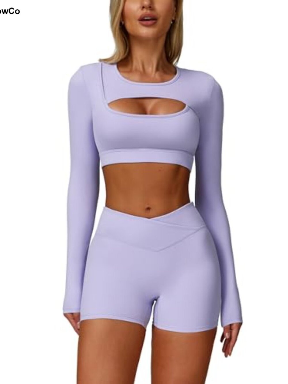 Women's 2 Piece Workout Set Long Sleeve Cutout Crop Top and High Waisted Shorts